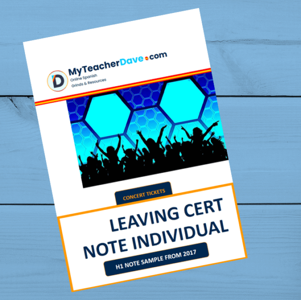 Spanish NOTE Individual Booklet 3 Cover Image for the Leaving Cert Spanish exam topics of Concert Tickets image with young people at a concert with blue hexagonal display on a blue table top